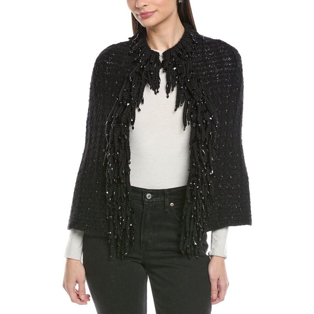 Valentino Womens Mohair & Wool-Blend Fringe Poncho, Black